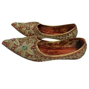 Handcrafted Beaded Indian Jutti Flats Velvet Gold Beading Pointed Toe Flats